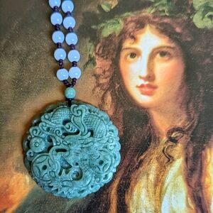 Genuine Jade Carved Dragon Medallion Blue Quartz Beaded Necklace